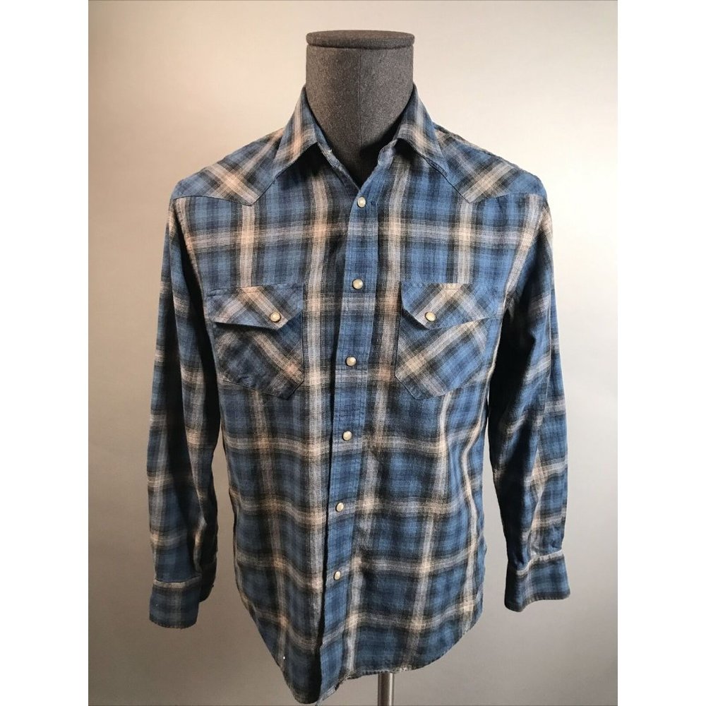 Pendleton Lucky Brand Western Wool Epic Shirt Small Blue Gray Plaid Pearl Snap
